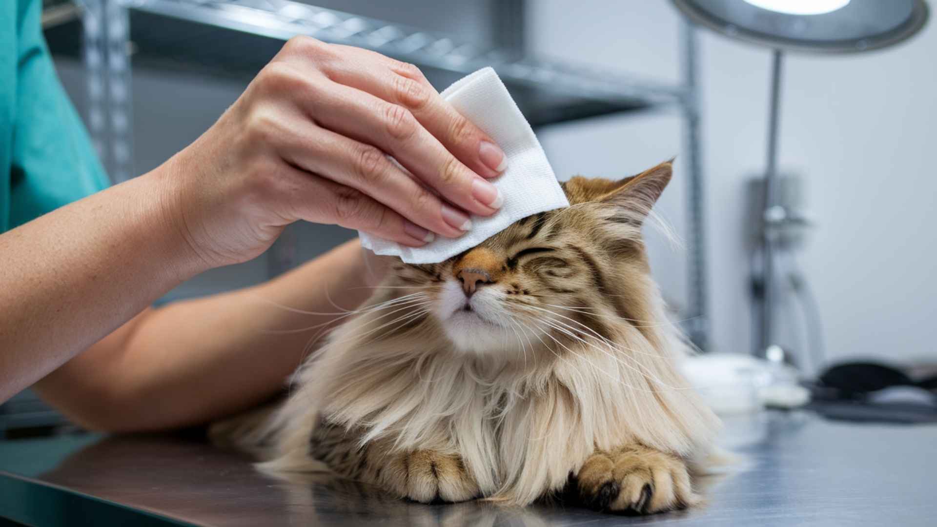 gato en el veterinario limpiándole un ojo con una gasa